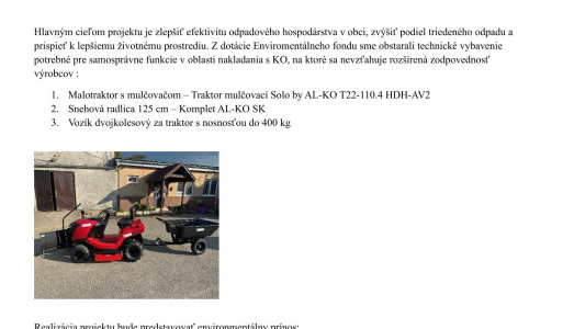 Prínos projektu- nákup malotraktora-rozvoj odpadového hospodárstva v obci Malčice 
