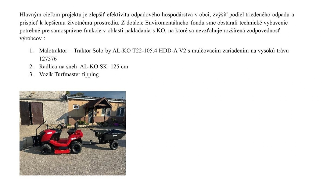 Nákup malotraktora a príslušenstva Nákup malotraktora a príslušenstva