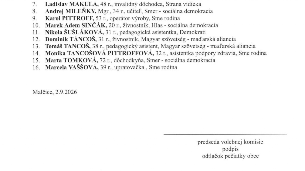 Zoznam zaregistrovaných kandidátov pre voľbu do Obecného zastupiteľstva obce Malčice Zoznam zaregistrovaných kandidátov pre voľbu do Obecného zastupiteľstva obce Malčice