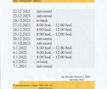 Otváracie hodiny na Obecnom úrade Malčice cez sviatky