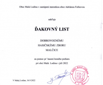 Ďakovný list- DHZ Malčice
