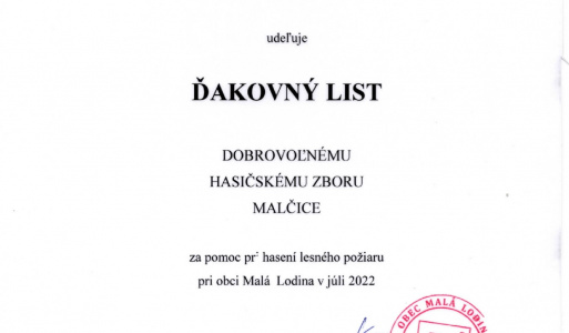 Ďakovný list- DHZ Malčice 