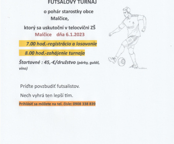 Futsalový turnaj  o pohár starostky obce 2023 -pozvánka  na deň 6.1.2023